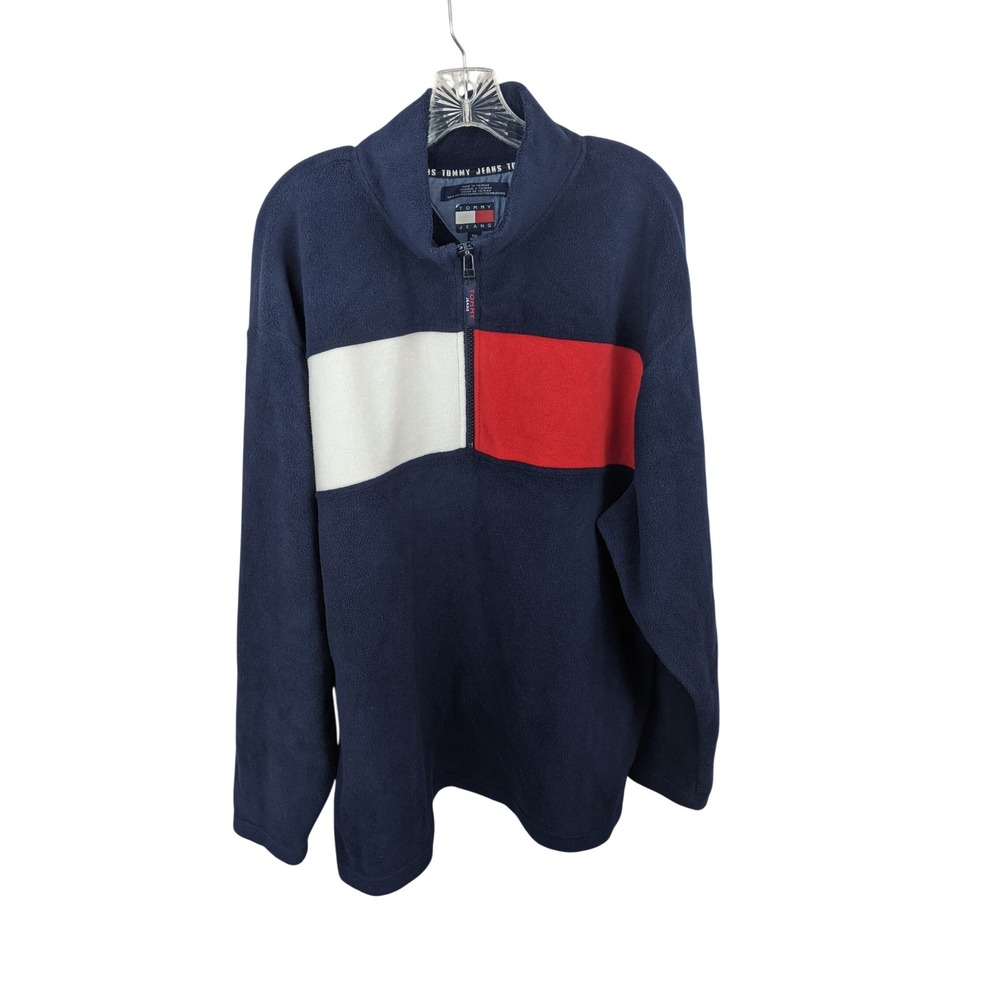 Tommy Jeans Mens XXL Vintage Quarter Zip Fleece Pullover Colorblock Navy Blue